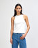 A fitted white women's tank top made from baby rib fabric, paired with blue jeans. The top features a subtle logo.