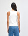A white fitted tank top displayed from the back, featuring a simple design and a branding logo.