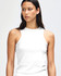 A fitted tank top in white, featuring a high neckline and shoulder cut-outs, with a small logo.