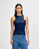 A fitted women's tank top in navy blue, featuring a ribbed design and a logo on the side.