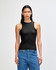 A fitted black tank top worn by a model, paired with blue jeans. The top features a logo.