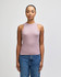 A fitted tank top in a soft mauve colour, featuring sleeveless design and a logo. Paired with blue jeans.