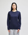 A long-sleeve t-shirt in navy blue, featuring a logo, worn by a model with straight black hair.