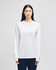 A long-sleeve white T-shirt for adults featuring a logo, modelled by a person with long hair.