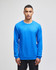A blue long-sleeve T-shirt featuring a logo, displayed on a male model against a plain background.