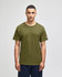 An olive green short sleeve t-shirt with a logo on the sleeve, displayed on a male model.
