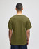 An olive green short sleeve t-shirt viewed from the back, featuring a logo on the upper area.