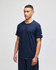A navy short sleeve t-shirt with a crew neck and a logo on the sleeve.