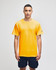 Adult jersey short sleeve t-shirt in vibrant yellow, featuring a logo on the sleeve, paired with navy shorts.