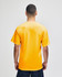 A bright yellow short sleeve t-shirt viewed from the back, featuring a logo.