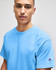 A blue short sleeve jersey t-shirt, featuring a logo on the sleeve, worn by a model.