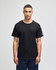 A black adult jersey short sleeve t-shirt with a logo on the sleeve, displayed on a model.