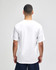 A plain white short sleeve t-shirt displayed from the back, featuring a logo on the upper back.