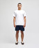 A plain white short sleeve t-shirt with a logo, worn with navy blue shorts.