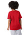 A red short sleeve youth jersey t-shirt with a logo on the sleeve, viewed from the back.