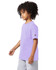 A purple short sleeve youth t-shirt with a logo on the sleeve, displayed on a model.
