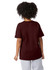 A burgundy short sleeve t-shirt with a logo, displayed from the back on a person.