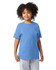 A child is wearing a blue short sleeve t-shirt. The shirt has a logo on it and features a relaxed fit style.