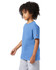 A blue short sleeve t-shirt for youth with a logo on the sleeve, displayed on a model.