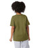 A youth short sleeve T-shirt in olive green, featuring a logo on one sleeve. The model is seen from the back.