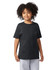 A youth short sleeve t-shirt in black, featuring a simple design and a logo on the sleeve.