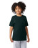 A youth short sleeve t-shirt in dark green, featuring a simple design and a logo. Styled with grey shorts.