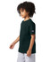 A youth short sleeve t-shirt in dark green with a logo on the sleeve, displayed on a model.