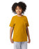 A youth short sleeve t-shirt in mustard yellow, featuring a logo on the front, worn by a child.