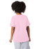 A light pink short sleeve t-shirt featuring a logo, styled on a model from the back.