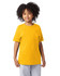 A short sleeve youth t-shirt in vibrant yellow, featuring a simple design and a logo on the front.