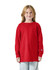 A red long sleeve t-shirt for youth, featuring a logo on the sleeve, worn by a child.