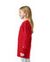 A red long sleeve t-shirt with a logo, displayed on a young person from the side.