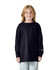 A youth long sleeve T-shirt in black, featuring a logo on the sleeve, worn by a child.