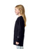 A black long sleeve t-shirt for youth, featuring a simple design and a logo on the sleeve.
