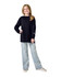 A youth long sleeve T-shirt in black, worn by a smiling girl paired with light blue jeans. The shirt has a logo on the sleeve.