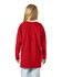 A red long sleeve youth t-shirt, featuring a simple design and a logo on the back.