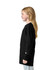 A black long sleeve youth t-shirt displayed on a model standing sideways, featuring a logo on the sleeve.