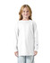 A white long sleeve T-shirt for youth, featuring a logo on the sleeve. The model is smiling and wearing casual jeans.