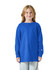 A blue long sleeve t-shirt for youth featuring a logo on the sleeve.