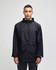 A black full-zip anorak jacket with a hood, featuring a front pocket and a logo.
