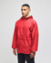 A red full-zip anorak jacket with a hood, featuring long sleeves and a logo.