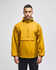 A packable anorak jacket in a vibrant mustard yellow, featuring a hood and a front pocket. It has a logo on the sleeve.