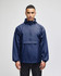 A navy packable anorak jacket with a hood and front pocket, featuring a logo on the chest.