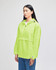 A bright green packable anorak jacket with a hood and a front pocket, featuring a logo.