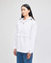 A white adult packable anorak jacket with a hood, featuring a front pocket and branding.