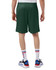 Green mesh shorts with pockets, featuring a logo, view from the back. Styled with white socks and sneakers.