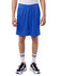 Blue mesh sports shorts with pockets, featuring an elastic waistband. Worn with sporty shoes and socks.
