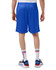 Blue mesh sports shorts with pockets, featuring a comfortable fit and a branding logo visible.