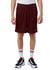 Maroon sports shorts with pockets, featuring an elastic waistband. Worn with white socks and black athletic shoes.