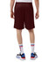 Maroon sports shorts with pockets, designed for adults, featuring a logo on the side, viewed from the back.